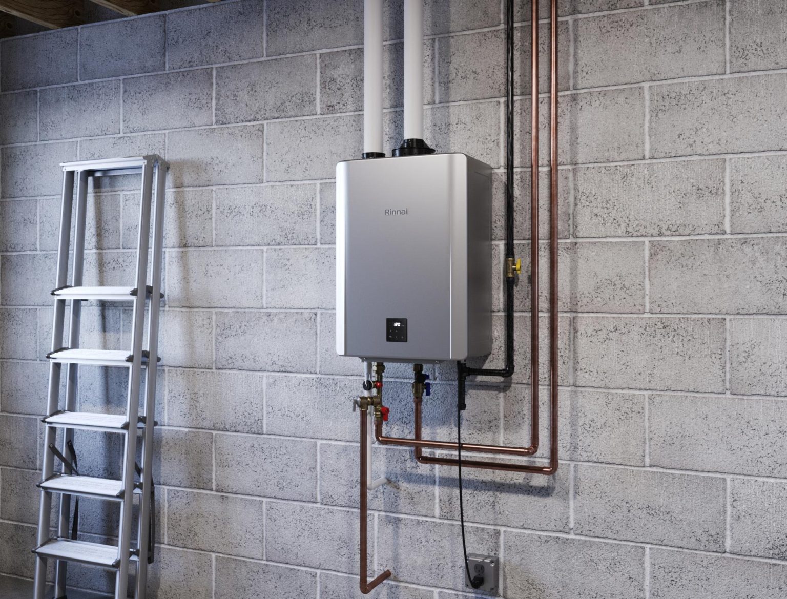 Tankless water heater on wall